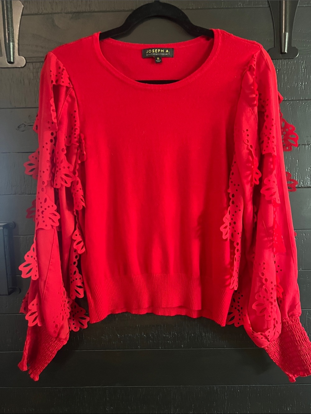 Joseph A. Red Ruffle Cutout Sleeve Sweater